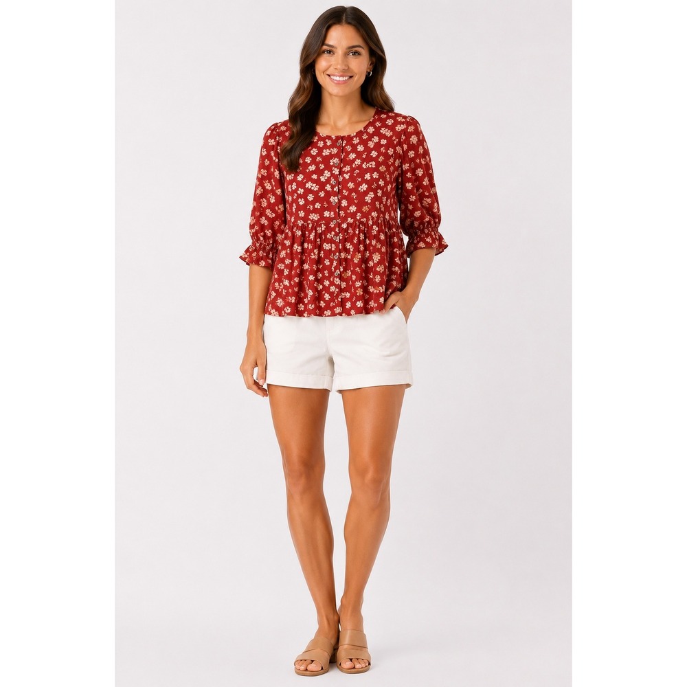 Madewell Red Floral Clip Dot Peplum Blouse Short Puff Sleeve Button Front Top M
